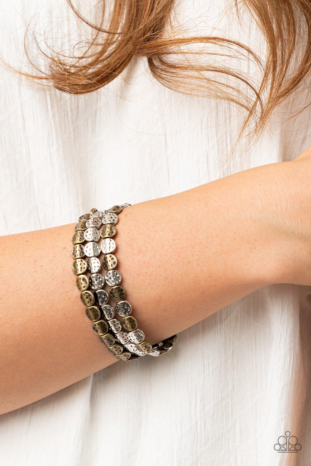 Hammered Heirloom Multi Brass and Silver Stretch Bracelet Set - Paparazzi Accessories-CarasShop.com - $5 Jewelry by Cara Jewels