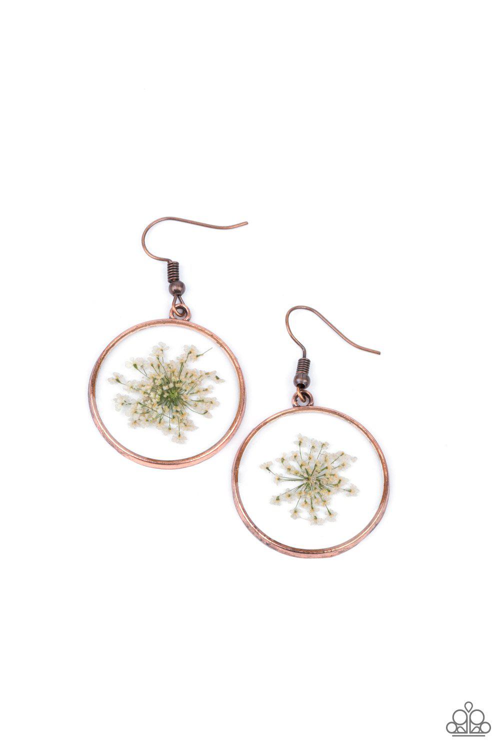 Happily Ever Eden Copper and Pressed Flower Earrings - Paparazzi Accessories- lightbox - CarasShop.com - $5 Jewelry by Cara Jewels