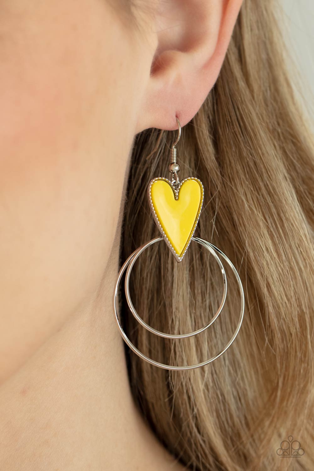 Happily Ever Hearts Yellow Heart Earrings - Paparazzi Accessories- model - CarasShop.com - $5 Jewelry by Cara Jewels