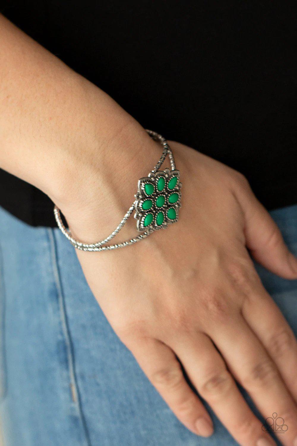 Happliy Ever APPLIQUE Green Bracelet - Paparazzi Accessories- on model - CarasShop.com - $5 Jewelry by Cara Jewels