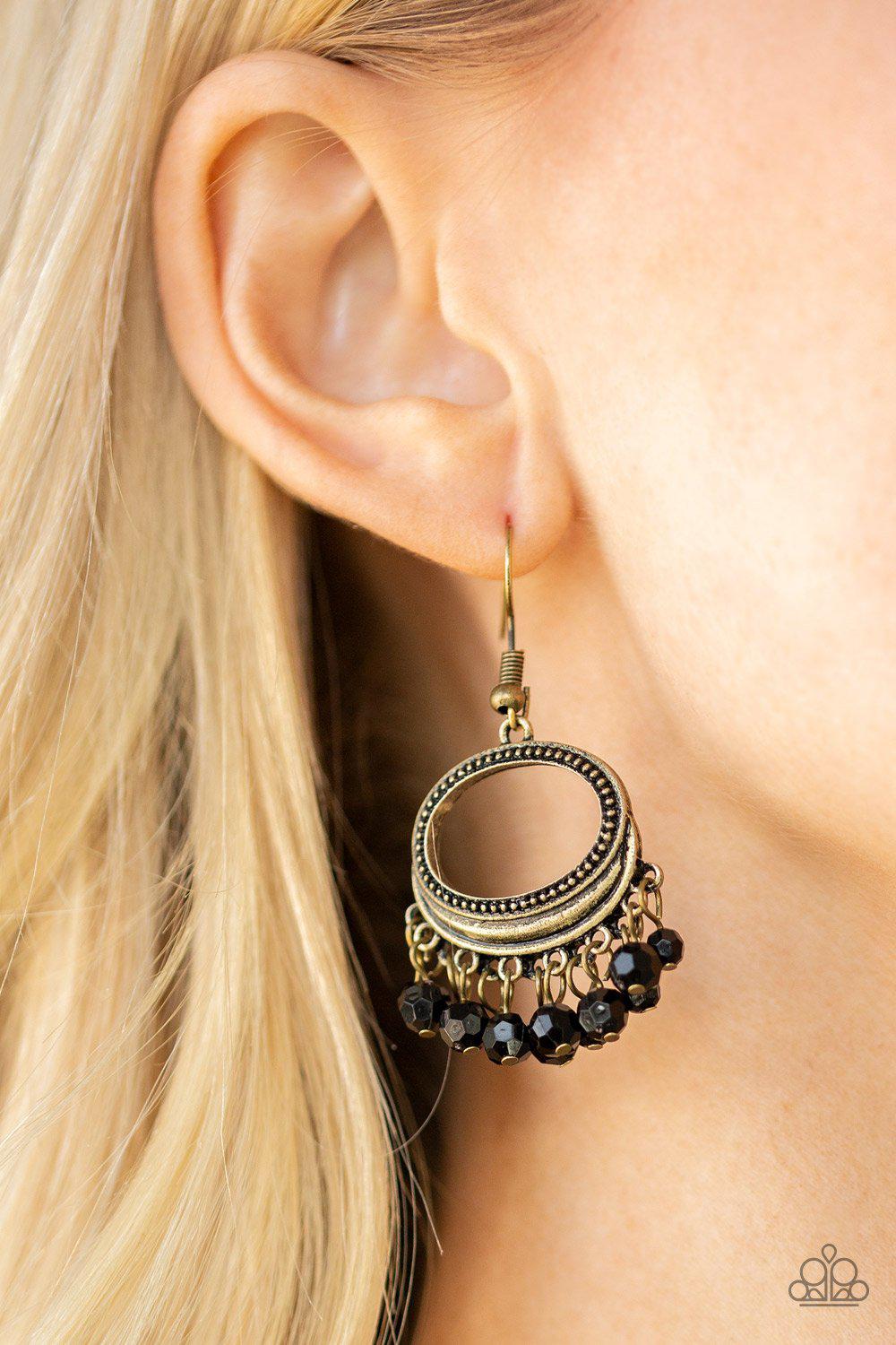 Happy Days Brass and Black Bead Earrings - Paparazzi Accessories-CarasShop.com - $5 Jewelry by Cara Jewels