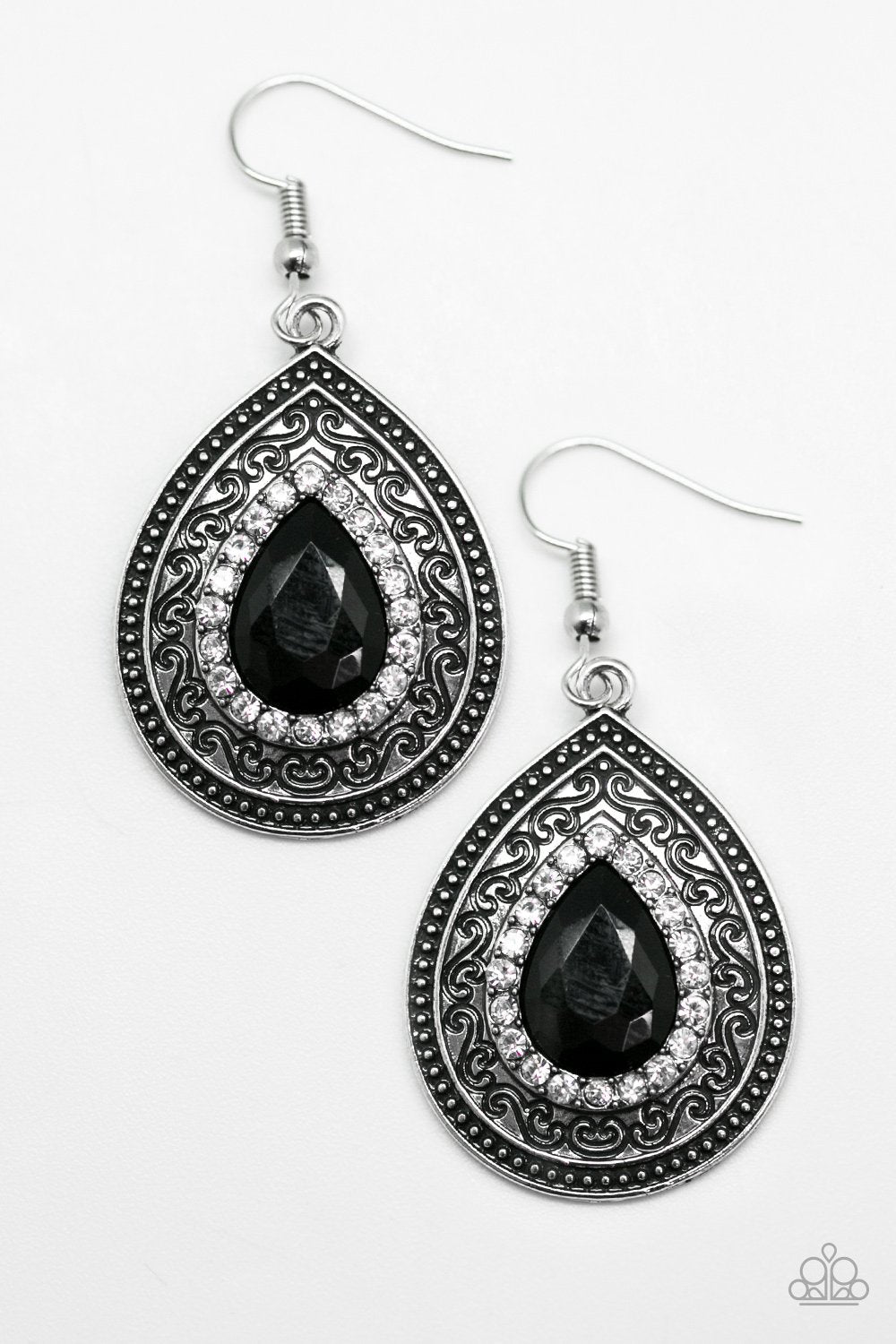 Happy Wife Happy Life Black and White Rhinestone Earrings - Paparazzi Accessories - lightbox -CarasShop.com - $5 Jewelry by Cara Jewels