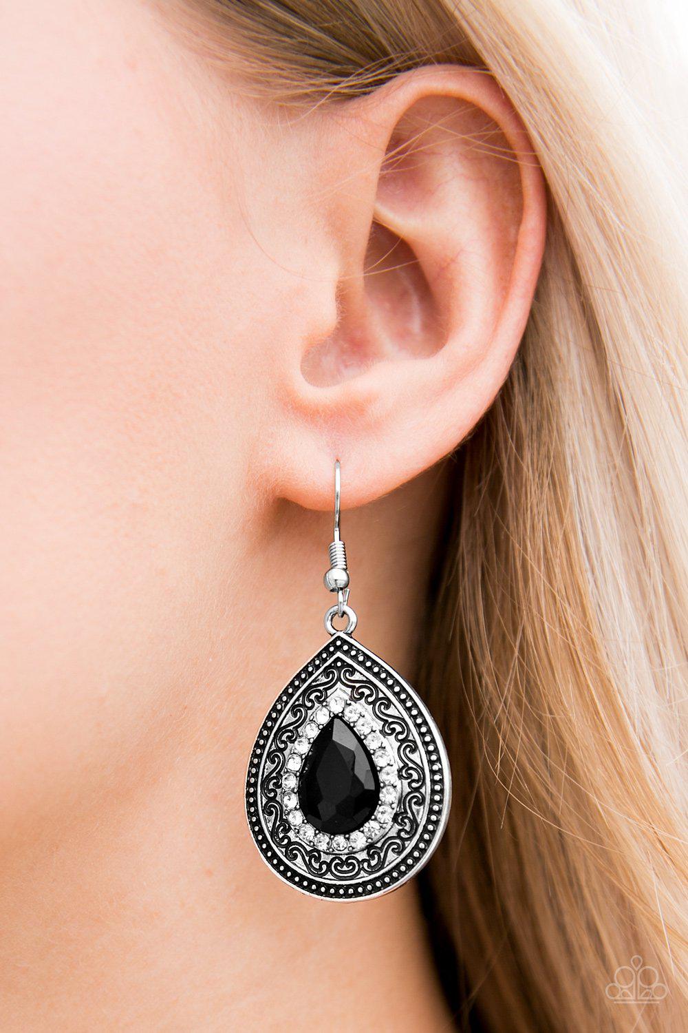 Happy Wife Happy Life Black and White Rhinestone Earrings - Paparazzi Accessories - model -CarasShop.com - $5 Jewelry by Cara Jewels