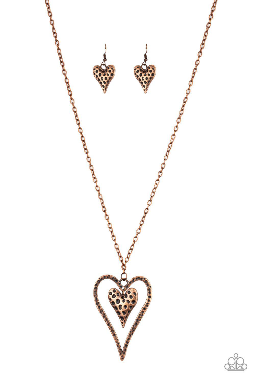 Hardened Hearts Long Copper Necklace and matching Earrings - Paparazzi Accessories-CarasShop.com - $5 Jewelry by Cara Jewels