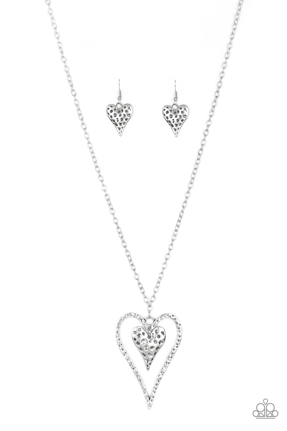 Hardened Hearts Long Silver Necklace and matching Earrings - Paparazzi Accessories-CarasShop.com - $5 Jewelry by Cara Jewels