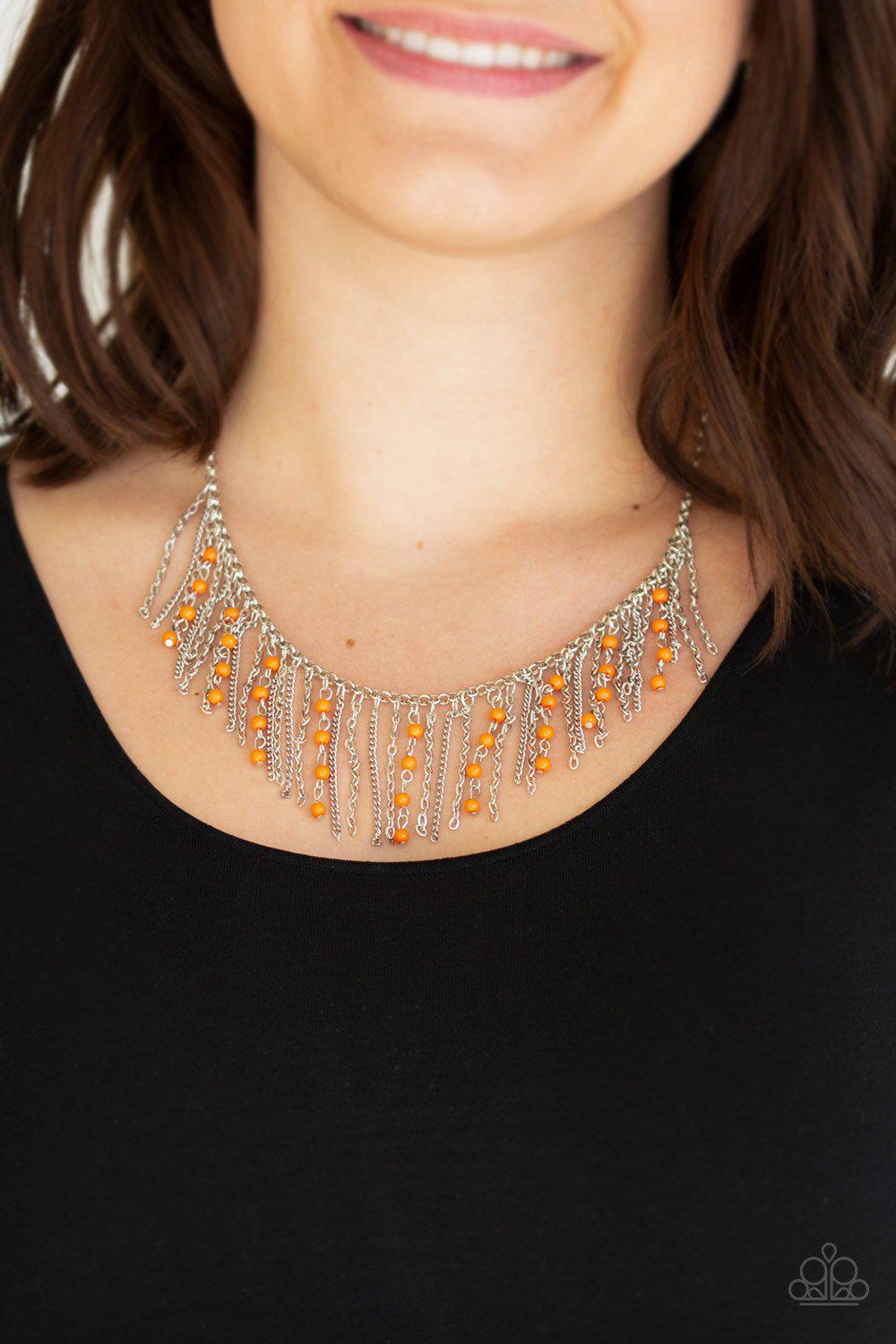 Harlem Hideaway Orange and Silver Necklace - Paparazzi Accessories - model -CarasShop.com - $5 Jewelry by Cara Jewels