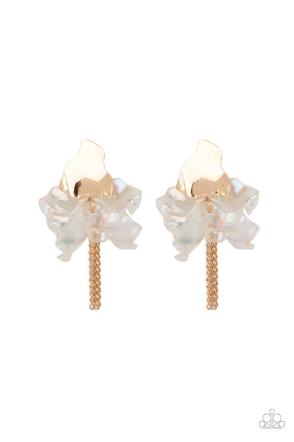 Harmonically Holographic Gold and Iridescent Acrylic Petal Earrings - Paparazzi Accessories- lightbox - CarasShop.com - $5 Jewelry by Cara Jewels