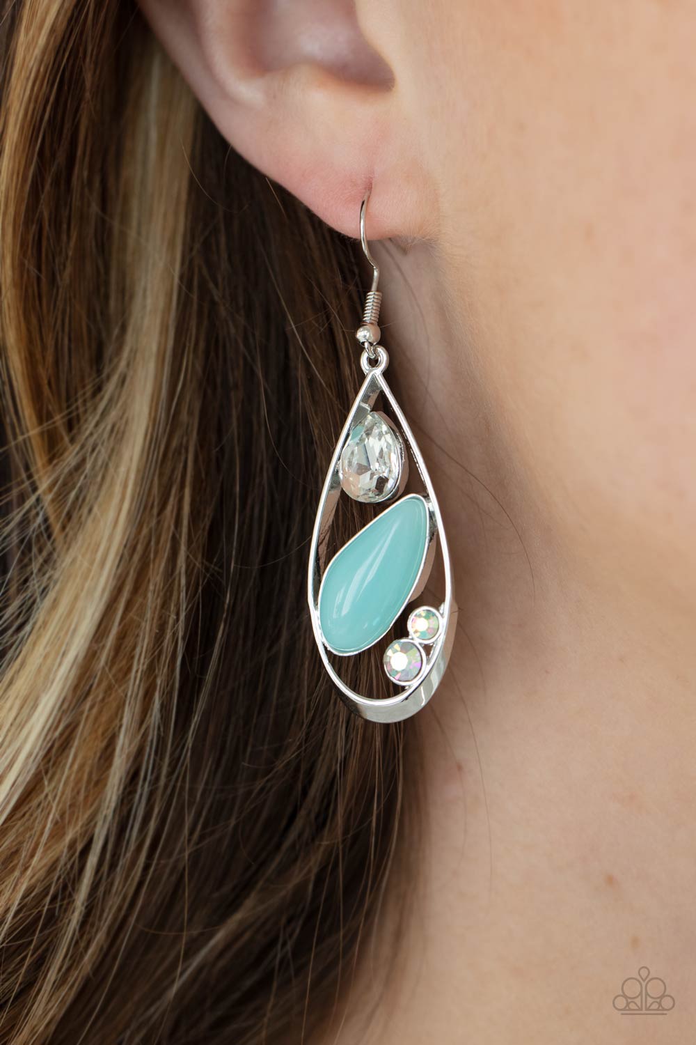 Harmonious Harbors Blue and Iridescent Rhinestone Earrings - Paparazzi Accessories- model - CarasShop.com - $5 Jewelry by Cara Jewels