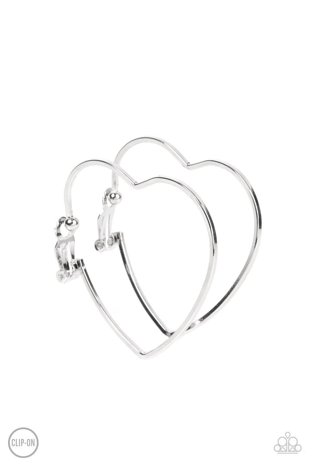 Harmonious Hearts Silver Clip-On Hoop Earrings - Paparazzi Accessories- lightbox - CarasShop.com - $5 Jewelry by Cara Jewels