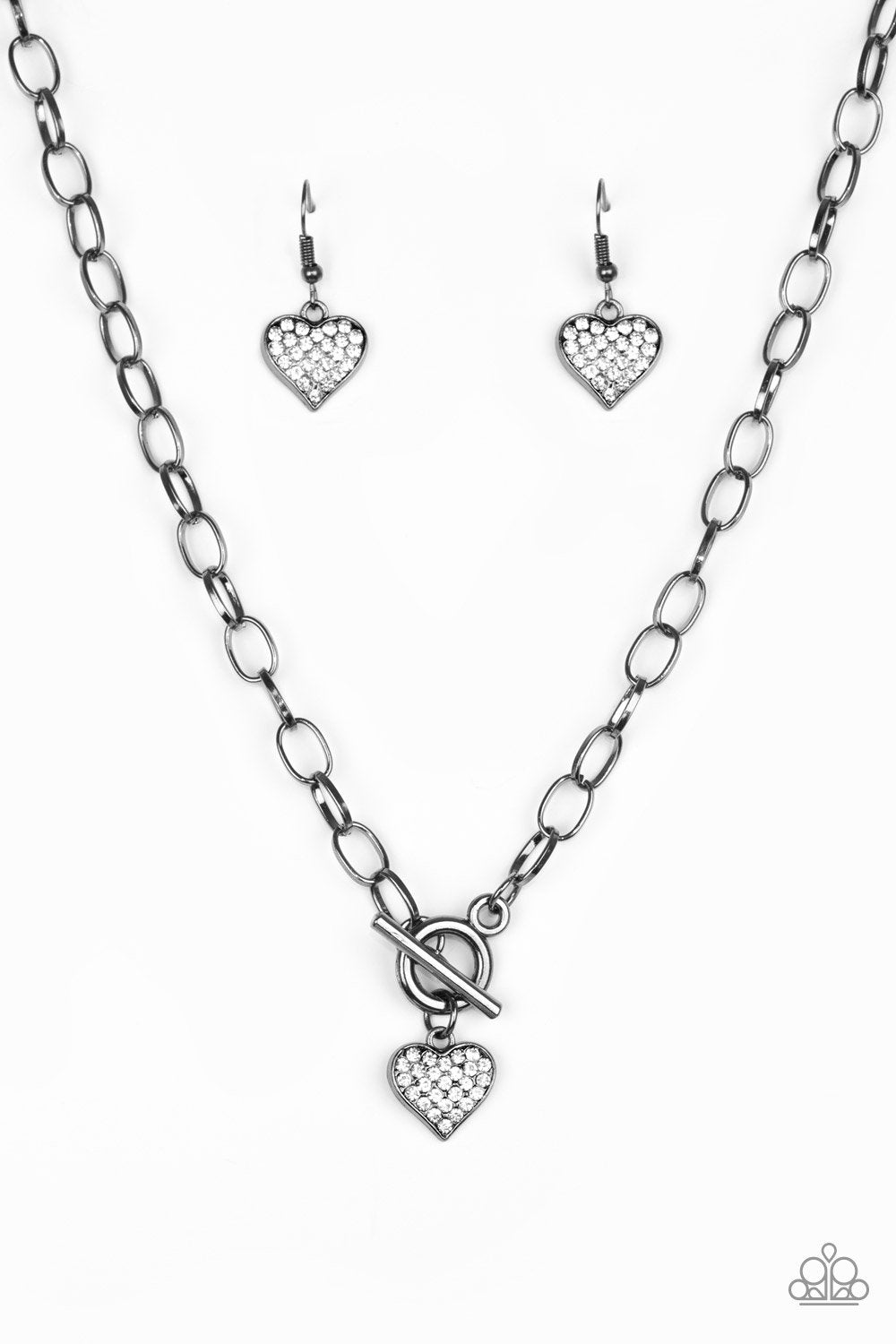 Harvard Hearts Gunmetal Black and White Rhinestone Heart Necklace - Paparazzi Accessories-CarasShop.com - $5 Jewelry by Cara Jewels