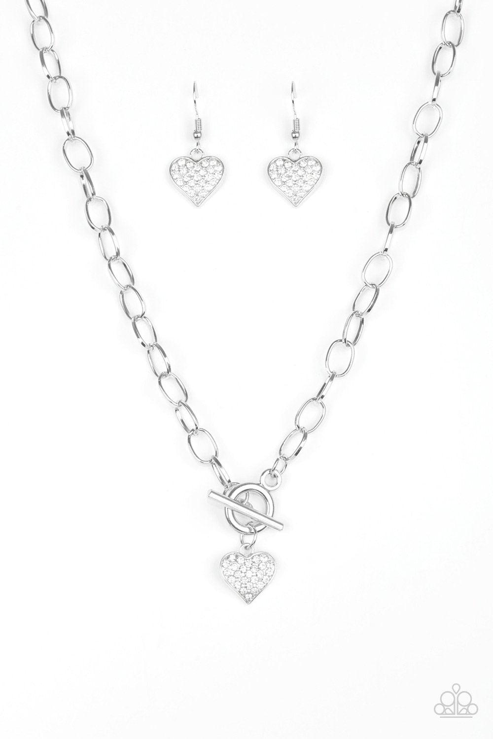 Harvard Hearts Silver and White Rhinestone Heart Necklace - Paparazzi Accessories-CarasShop.com - $5 Jewelry by Cara Jewels