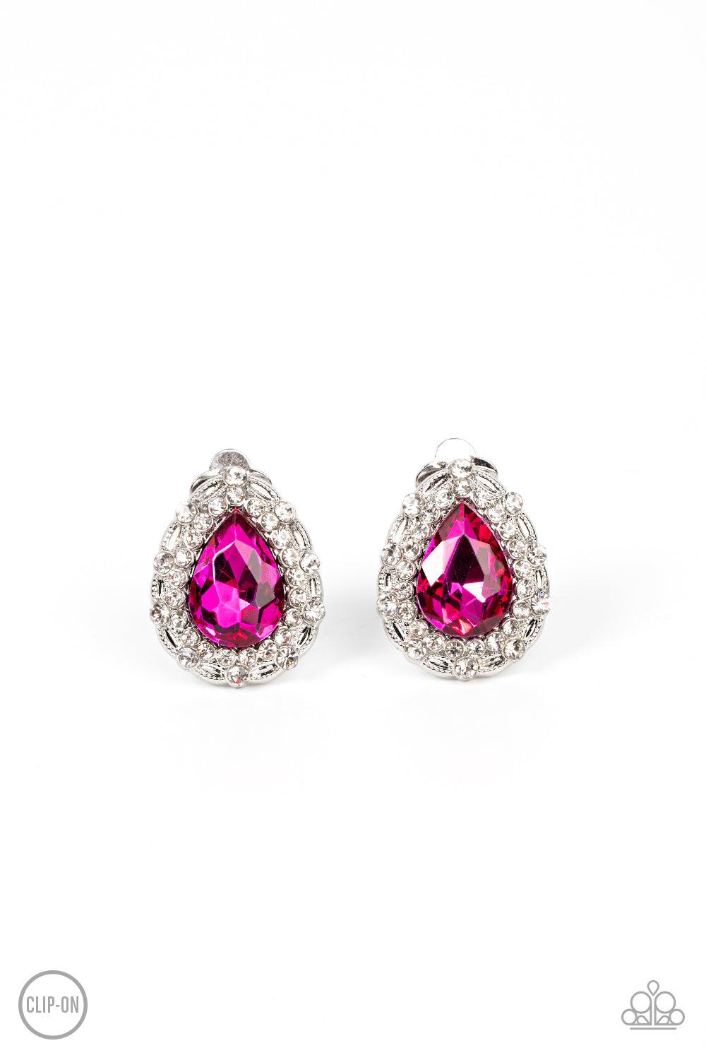 Haute Happy Hour Pink Rhinestone Clip-On Earrings - Paparazzi Accessories- lightbox - CarasShop.com - $5 Jewelry by Cara Jewels