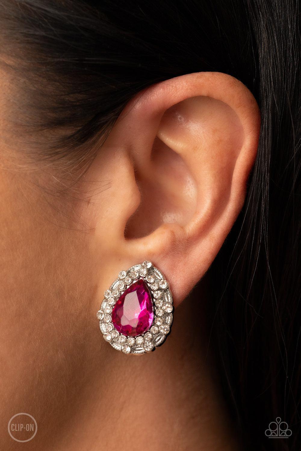 Haute Happy Hour Pink Rhinestone Clip-On Earrings - Paparazzi Accessories-on model - CarasShop.com - $5 Jewelry by Cara Jewels