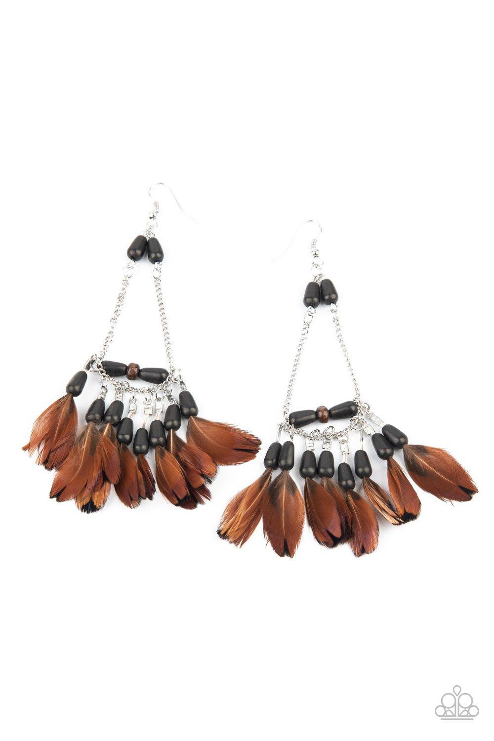 Haute Hawk Black Stone and Brown Feather Earrings - Paparazzi Accessories - lightbox -CarasShop.com - $5 Jewelry by Cara Jewels