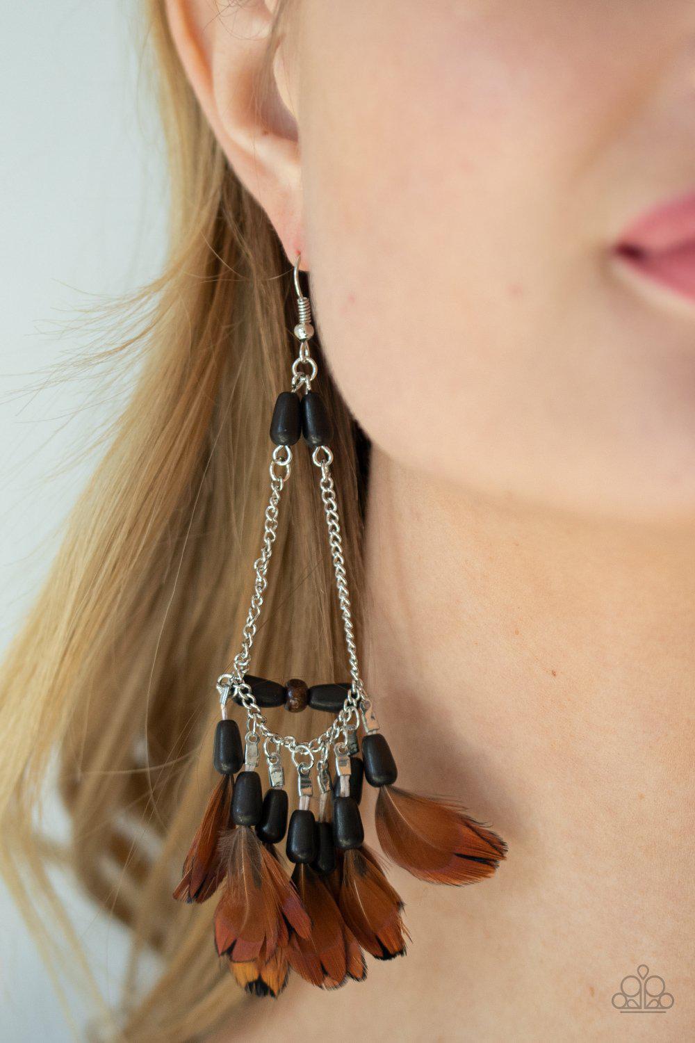 Haute Hawk Black Stone and Brown Feather Earrings - Paparazzi Accessories - model -CarasShop.com - $5 Jewelry by Cara Jewels
