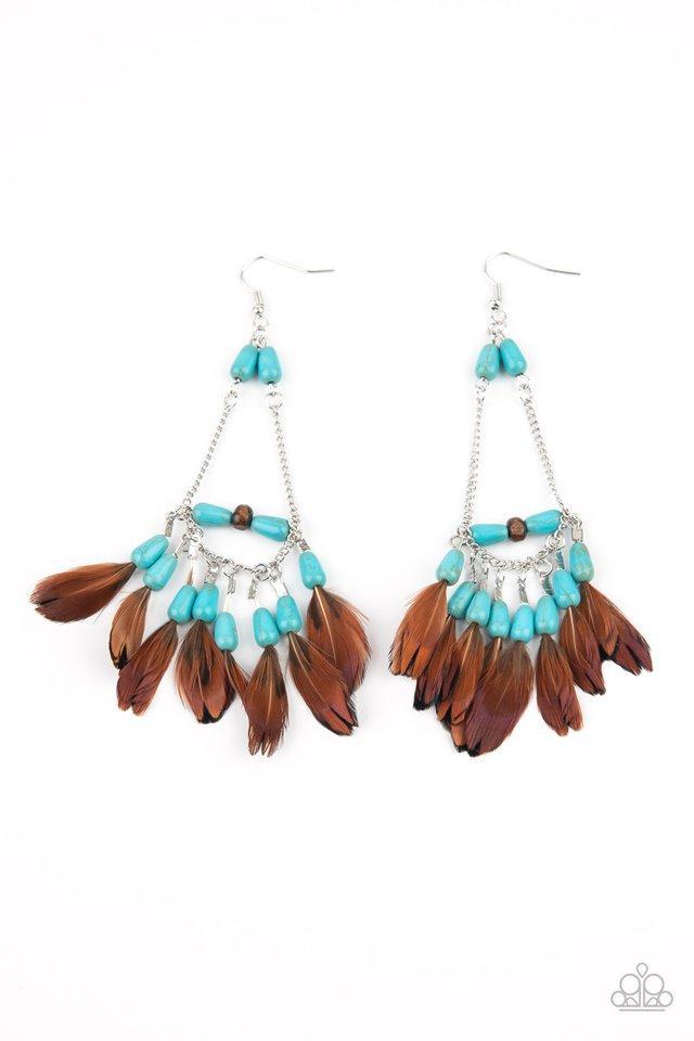 Haute Hawk Turquoise Blue Stone and Brown Feather Earrings - Paparazzi Accessories- lightbox - CarasShop.com - $5 Jewelry by Cara Jewels