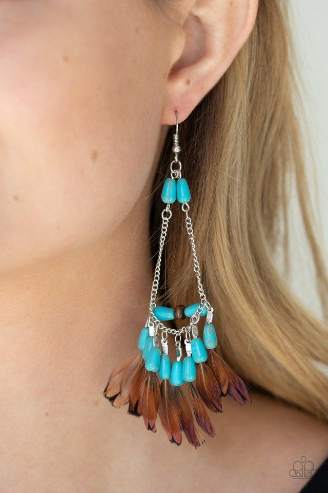 Haute Hawk Turquoise Blue Stone and Brown Feather Earrings - Paparazzi Accessories- model - CarasShop.com - $5 Jewelry by Cara Jewels