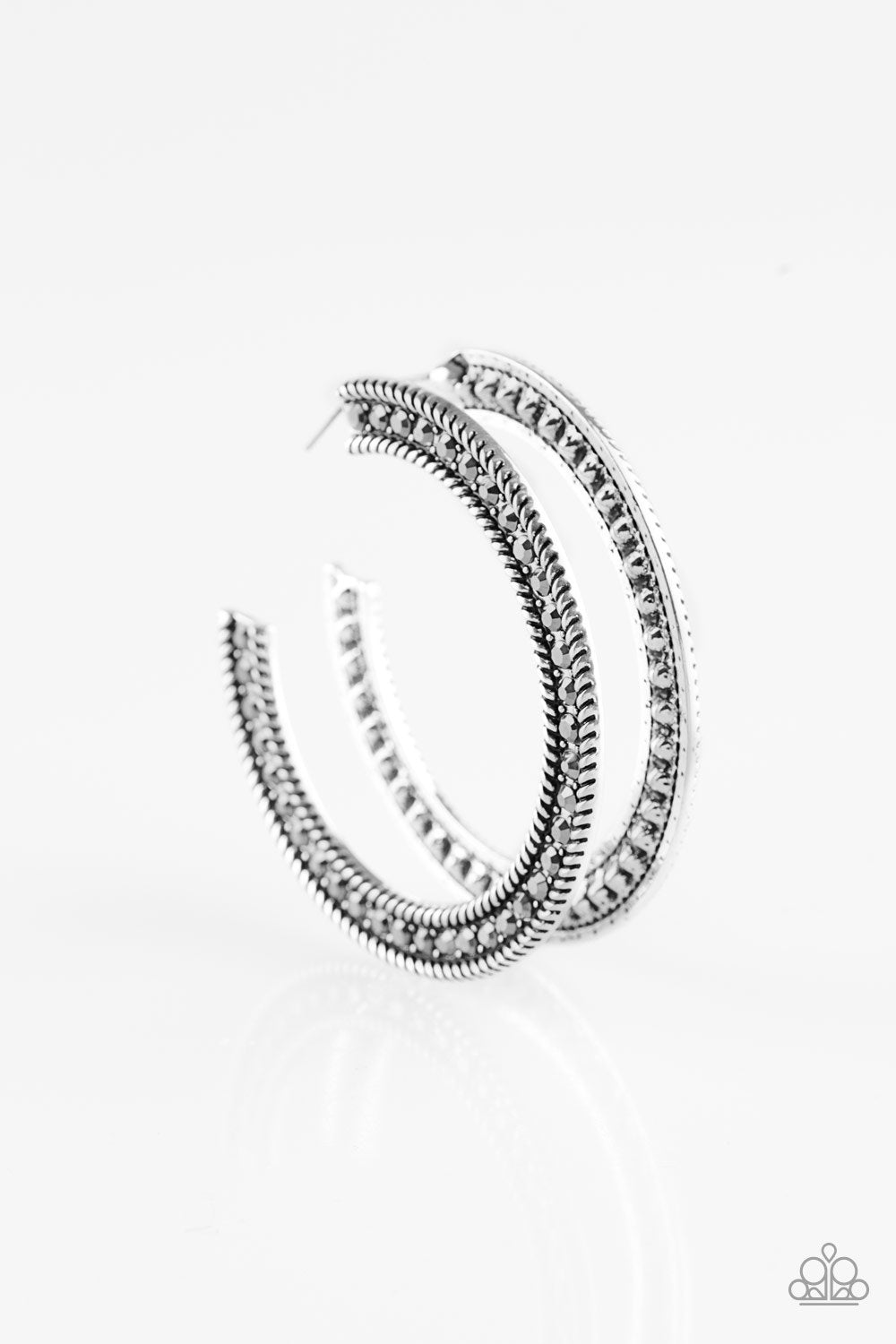HAUTE Mama Silver and Hematite Rhinestone Hoop Earrings - Paparazzi Accessories-CarasShop.com - $5 Jewelry by Cara Jewels