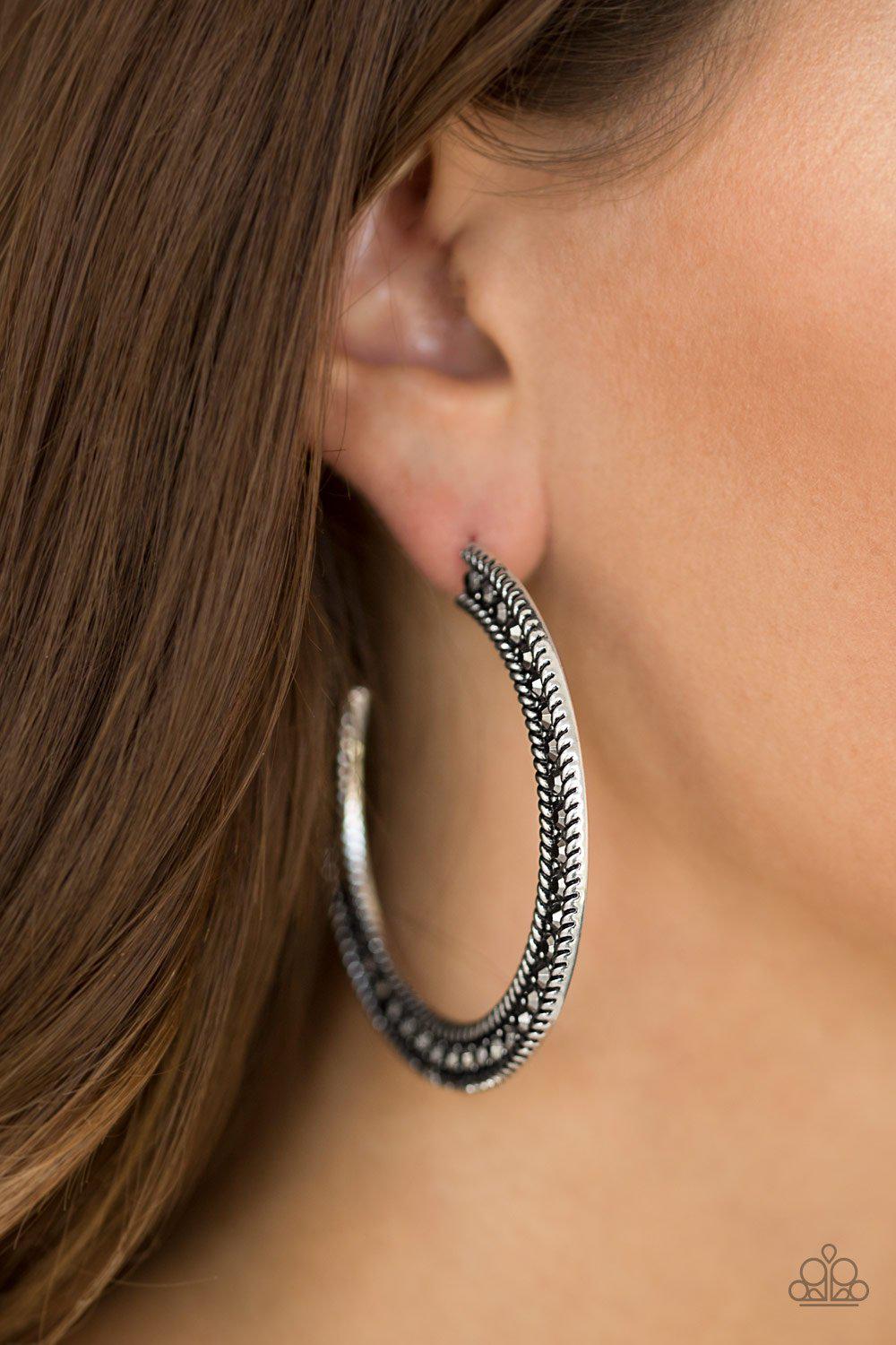 HAUTE Mama Silver and Hematite Rhinestone Hoop Earrings - Paparazzi Accessories-CarasShop.com - $5 Jewelry by Cara Jewels
