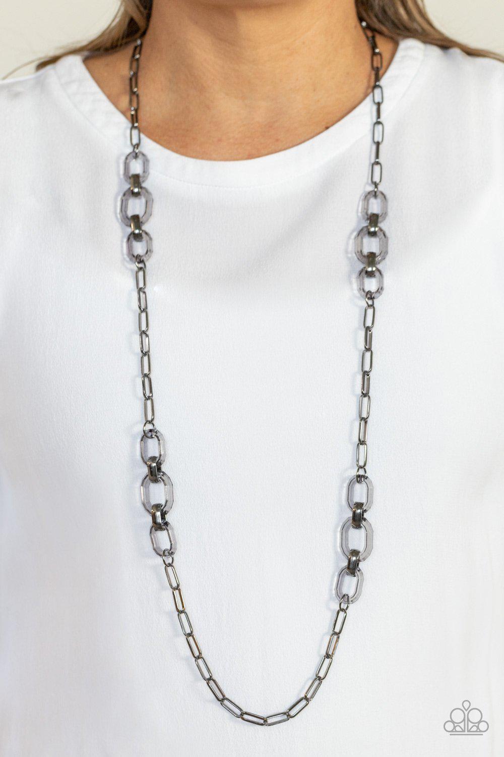 Have I Made Myself Clear? Gunmetal Black and Acrylic Necklace - Paparazzi Accessories- model - CarasShop.com - $5 Jewelry by Cara Jewels