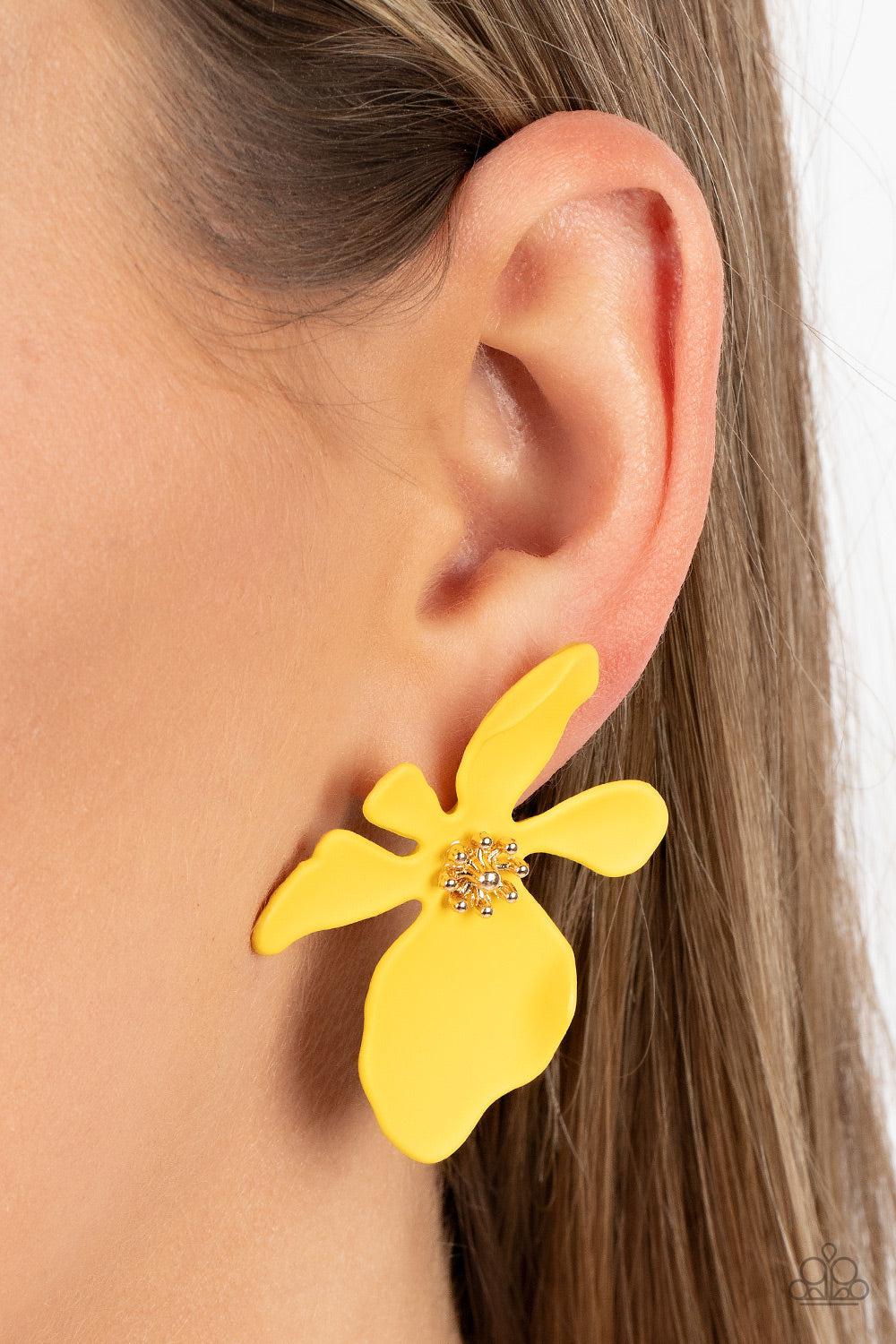 Hawaiian Heiress Yellow Flower Earrings - Paparazzi Accessories-on model - CarasShop.com - $5 Jewelry by Cara Jewels