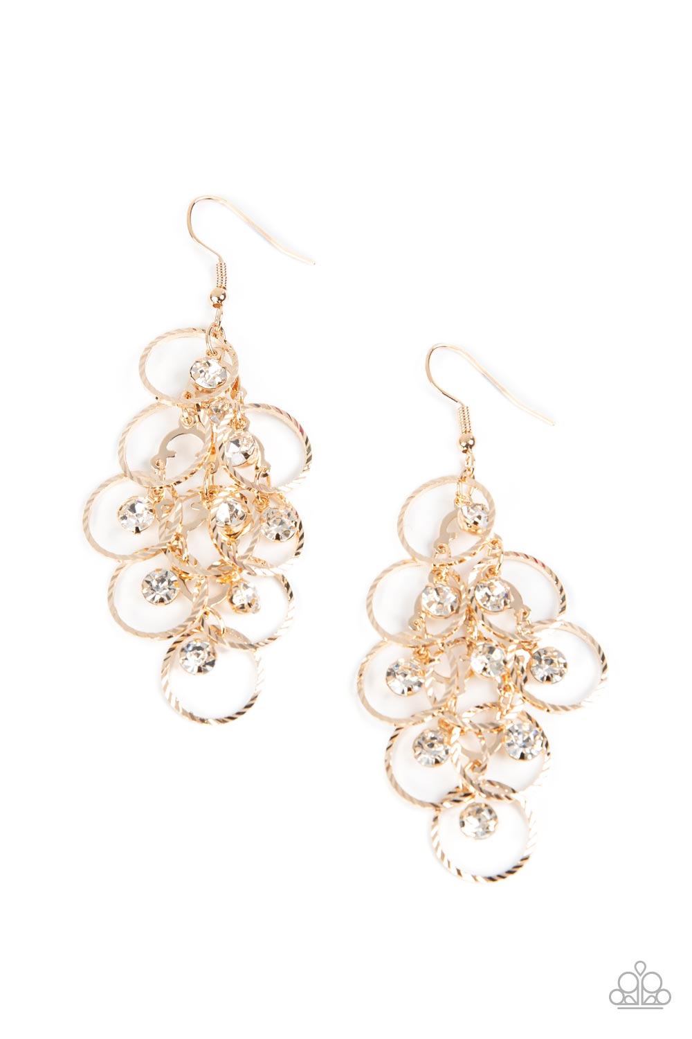 Head Rush Gold and White Rhinestone Earrings - Paparazzi Accessories- lightbox - CarasShop.com - $5 Jewelry by Cara Jewels
