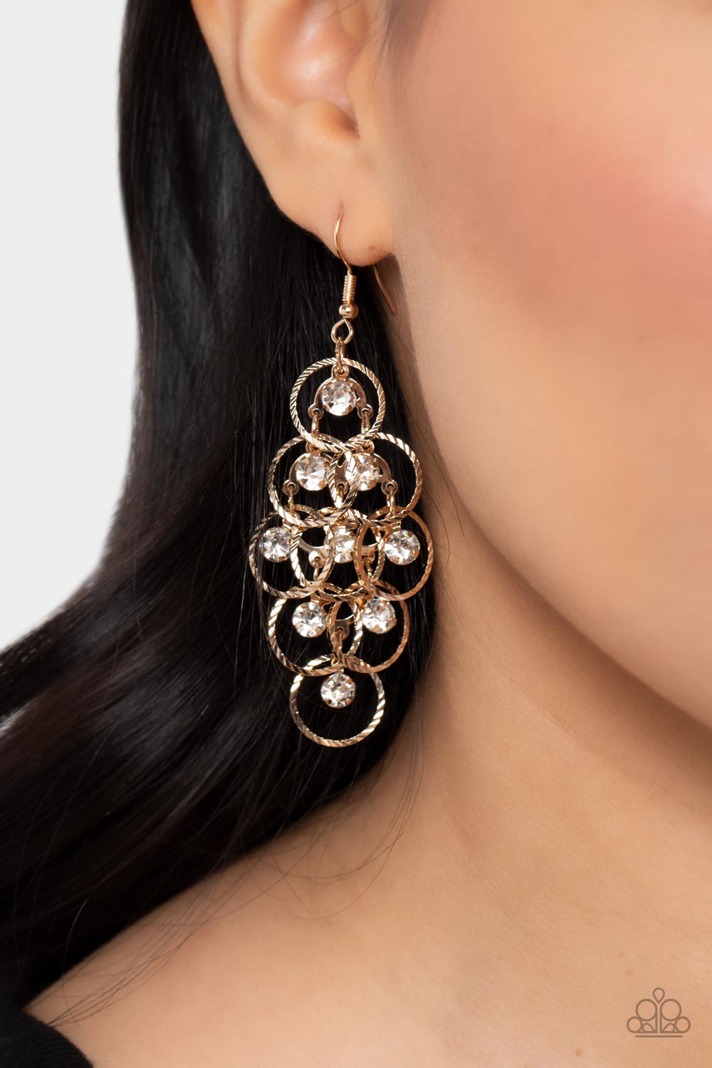 Head Rush Gold and White Rhinestone Earrings - Paparazzi Accessories-on model - CarasShop.com - $5 Jewelry by Cara Jewels