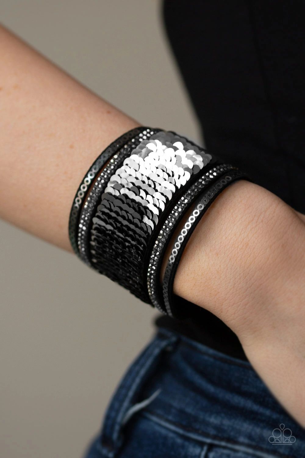 Heads or MERMAID Tails Black and Silver Sequin Reversible Urban Wrap Snap Bracelet - Paparazzi Accessories- lightbox - CarasShop.com - $5 Jewelry by Cara Jewels