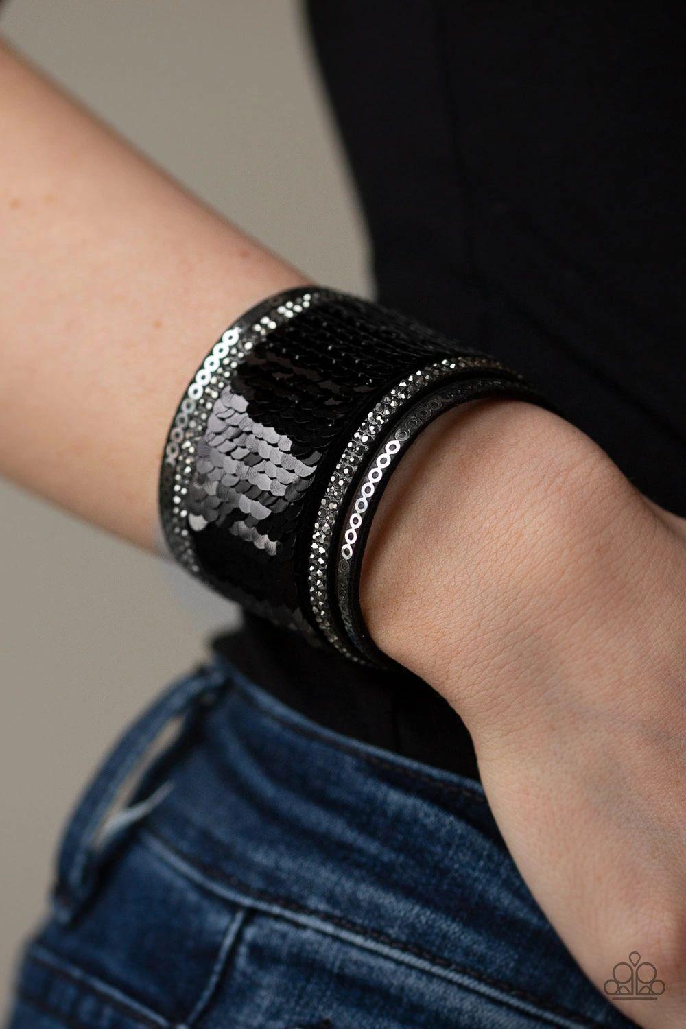 Heads or MERMAID Tails Black and Silver Sequin Reversible Urban Wrap Snap Bracelet - Paparazzi Accessories- model - CarasShop.com - $5 Jewelry by Cara Jewels