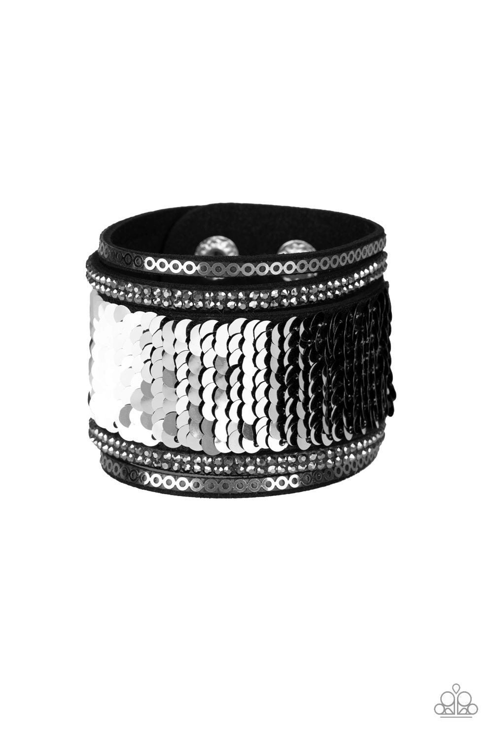 Heads or MERMAID Tails Black and Silver Sequin Reversible Urban Wrap Snap Bracelet - Paparazzi Accessories - reverse-side lightbox -CarasShop.com - $5 Jewelry by Cara Jewels