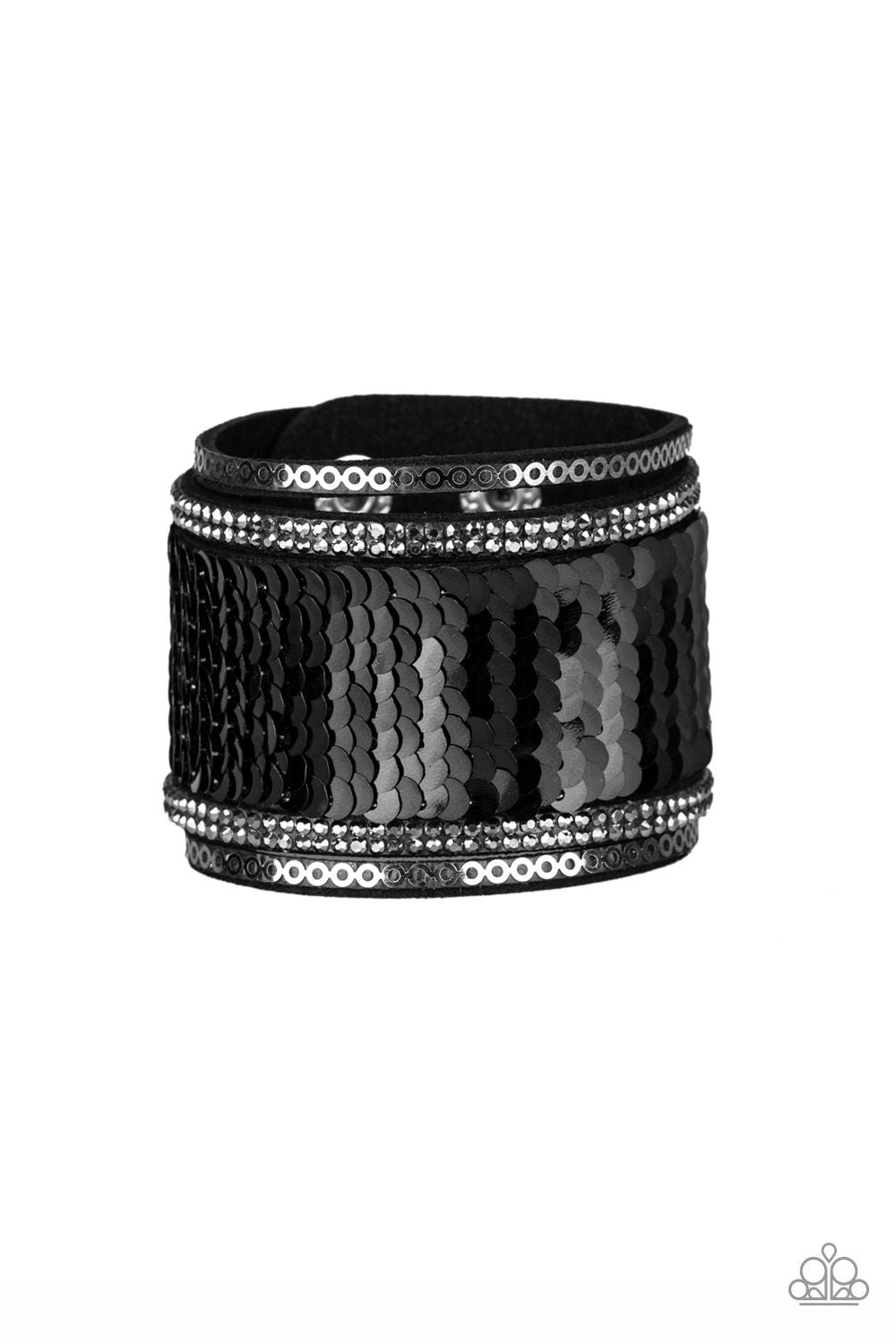Heads or MERMAID Tails Black and Silver Sequin Reversible Urban Wrap Snap Bracelet - Paparazzi Accessories - reverse side on model -CarasShop.com - $5 Jewelry by Cara Jewels
