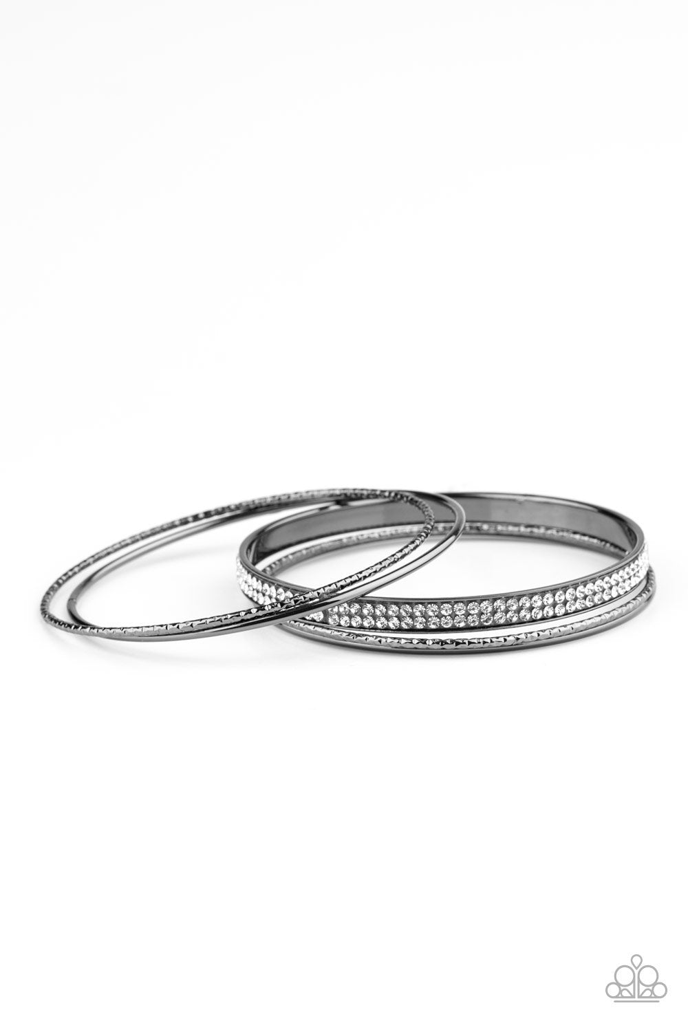 Heap It On Gunmetal Black and White Rhinestone Bangle Bracelet Set - Paparazzi Accessories-CarasShop.com - $5 Jewelry by Cara Jewels