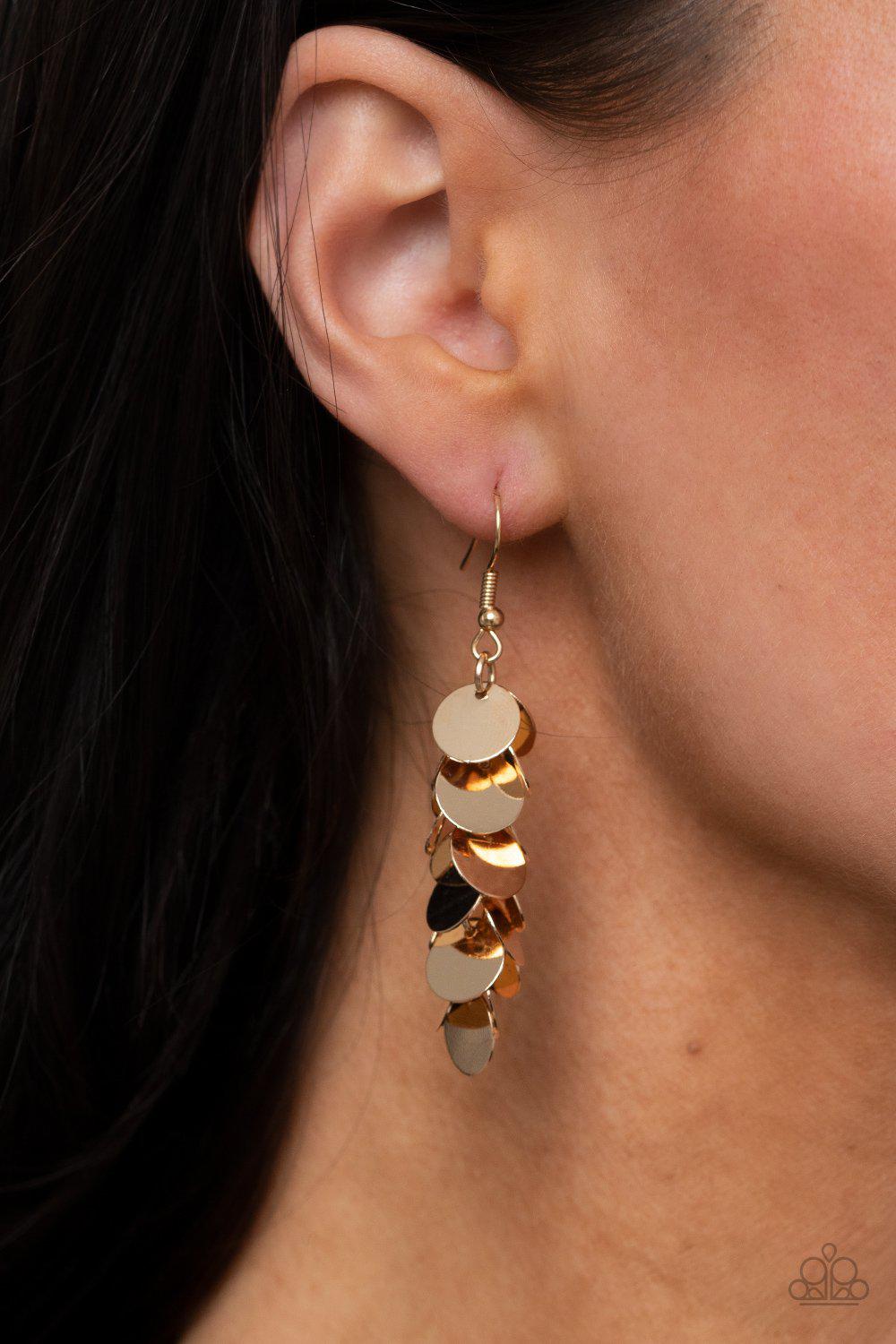 Hear Me Shimmer Gold Cascading Disc Earrings - Paparazzi Accessories- lightbox - CarasShop.com - $5 Jewelry by Cara Jewels