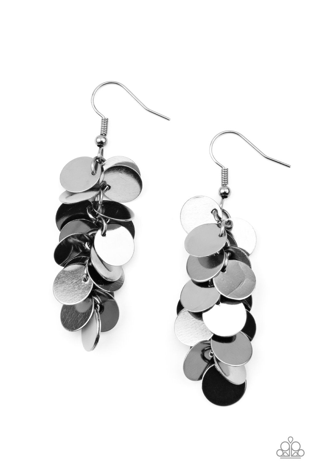 Hear Me Shimmer Gunmetal Black Cascading Disc Earrings - Paparazzi Accessories - lightbox -CarasShop.com - $5 Jewelry by Cara Jewels