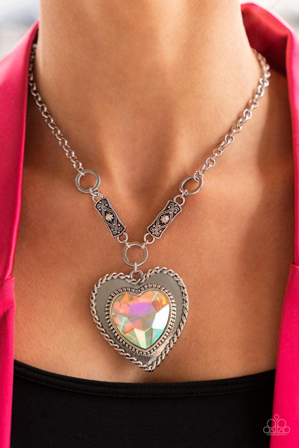 Heart Full Of Fabulous Multi Iridescent Heart Necklace - Paparazzi Accessories-on model - CarasShop.com - $5 Jewelry by Cara Jewels