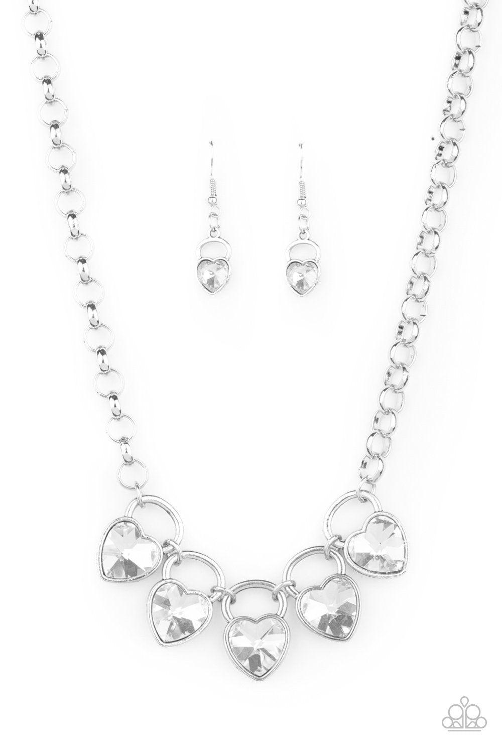 HEART On Your Heels White Rhinestone Heart Necklace - Paparazzi Accessories LOTP Exclusive January 2021 - lightbox -CarasShop.com - $5 Jewelry by Cara Jewels