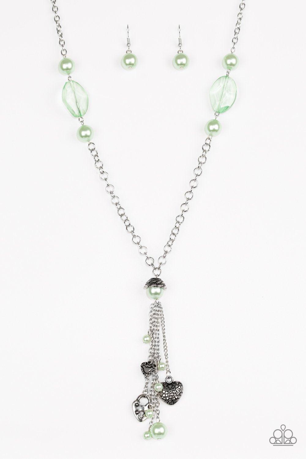 Heart-Stopping Harmony Green Charm Tassel Necklace and Earrings - Paparazzi Accessories-CarasShop.com - $5 Jewelry by Cara Jewels