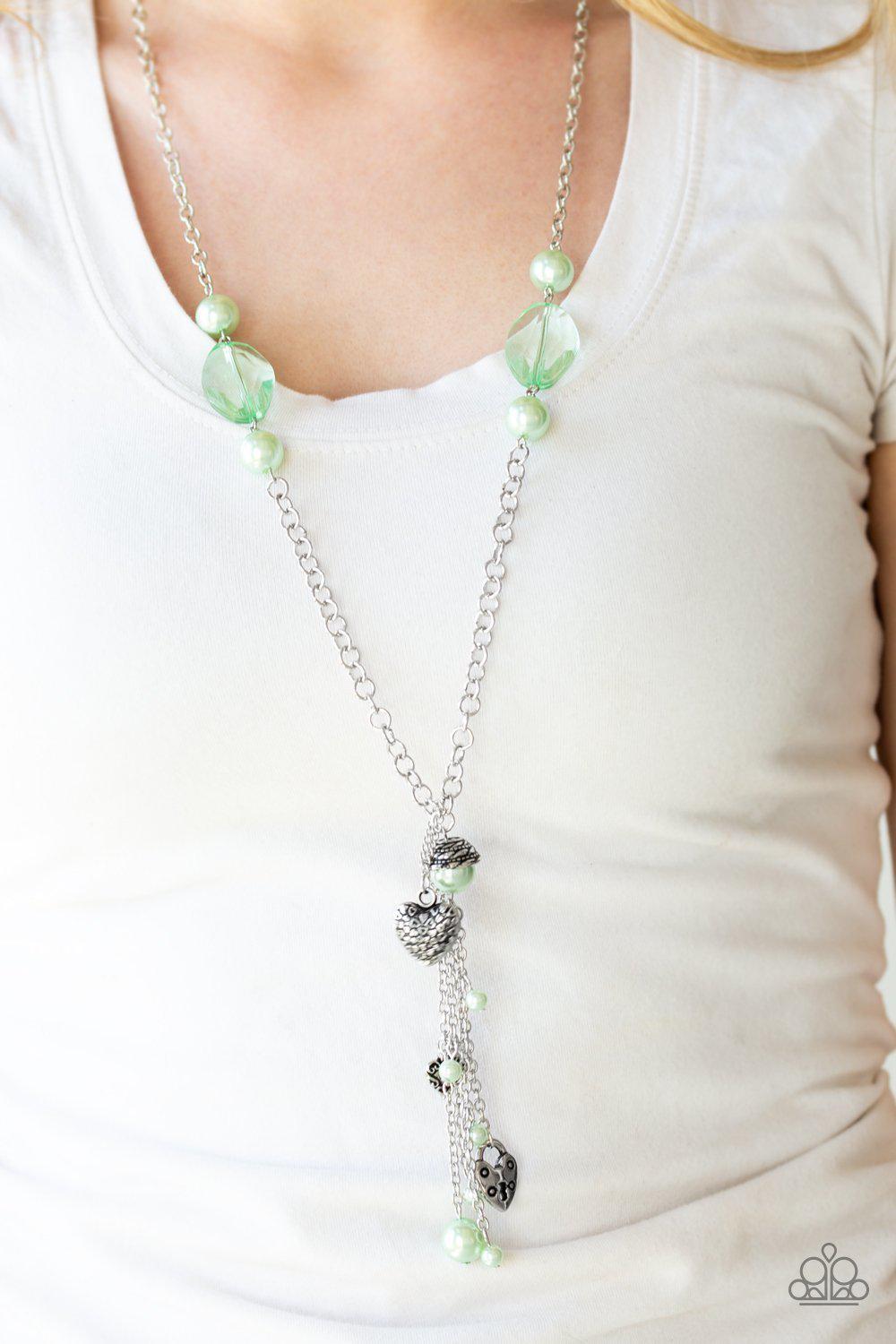 Heart-Stopping Harmony Green Charm Tassel Necklace and Earrings - Paparazzi Accessories-CarasShop.com - $5 Jewelry by Cara Jewels