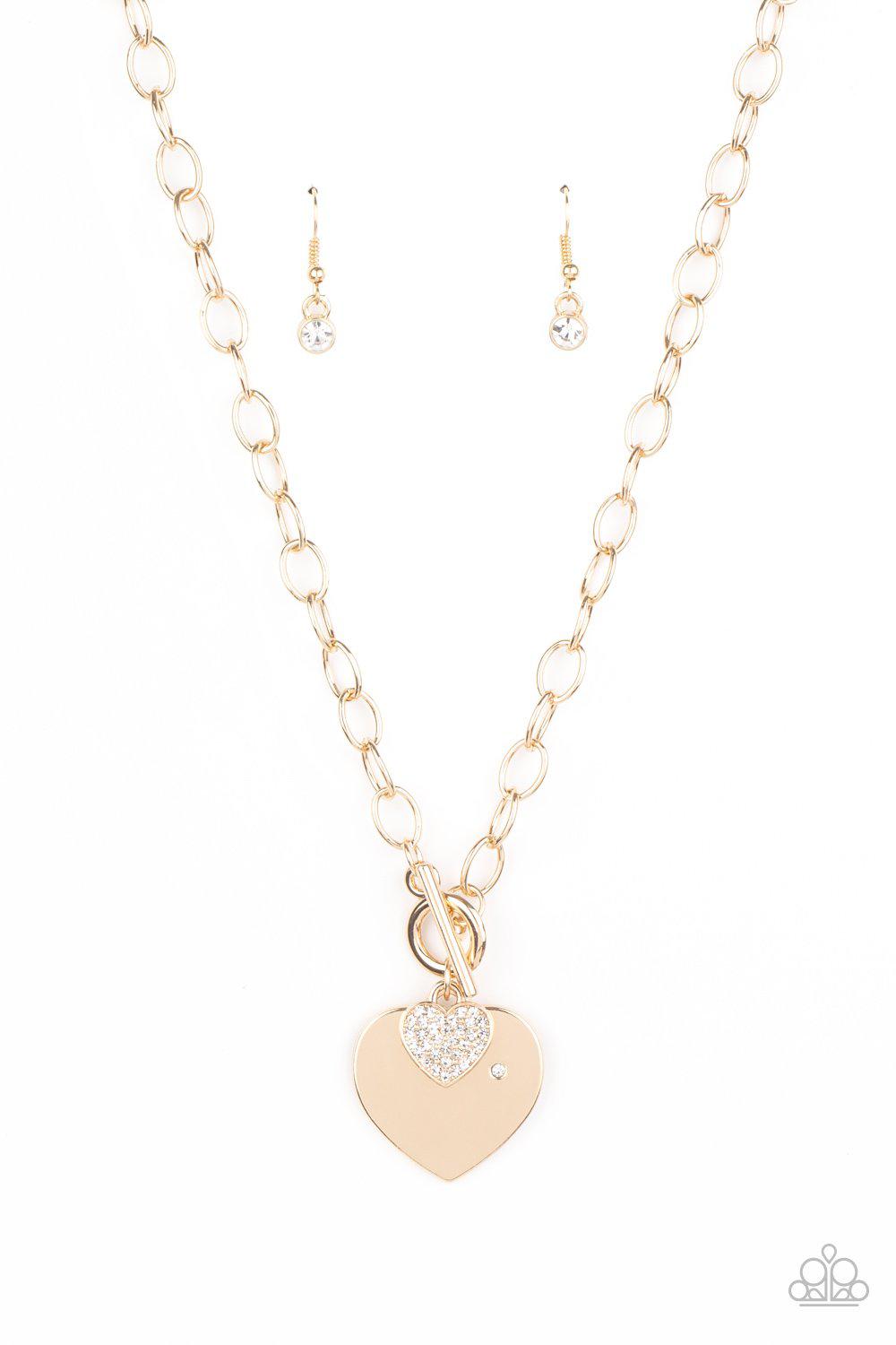 Heart-Stopping Sparkle Gold and White Rhinestone Heart Necklace - Paparazzi Accessories - lightbox -CarasShop.com - $5 Jewelry by Cara Jewels