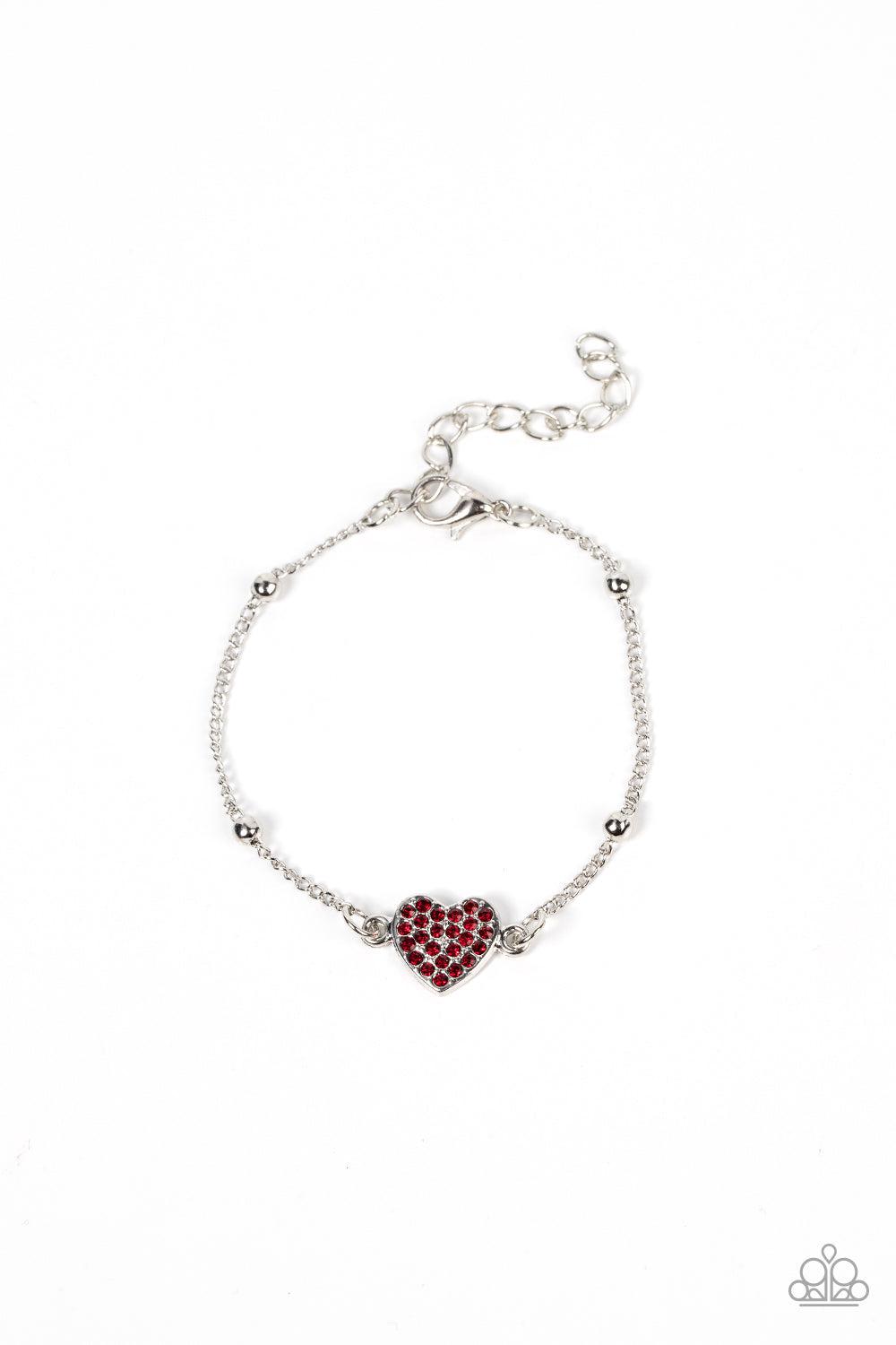 Heartachingly Adorable Red Rhinestone Heart Bracelet - Paparazzi Accessories- lightbox - CarasShop.com - $5 Jewelry by Cara Jewels