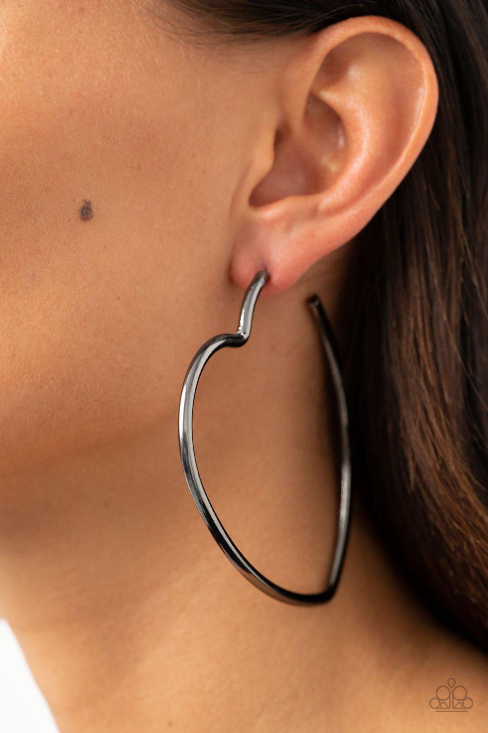 Heartbreaker Hustle Black Gunmetal Heart-shaped Hoop Earrings - Paparazzi Accessories-CarasShop.com - $5 Jewelry by Cara Jewels