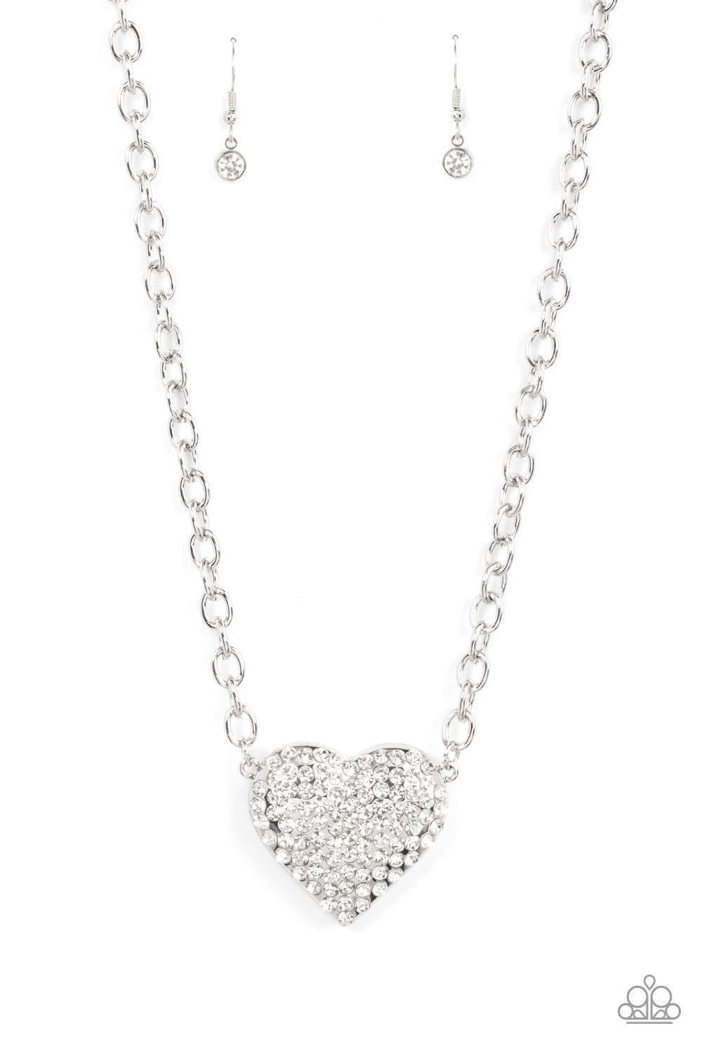Heartbreakingly Blingy White Rhinestone Heart Necklace - Paparazzi Accessories- lightbox - CarasShop.com - $5 Jewelry by Cara Jewels