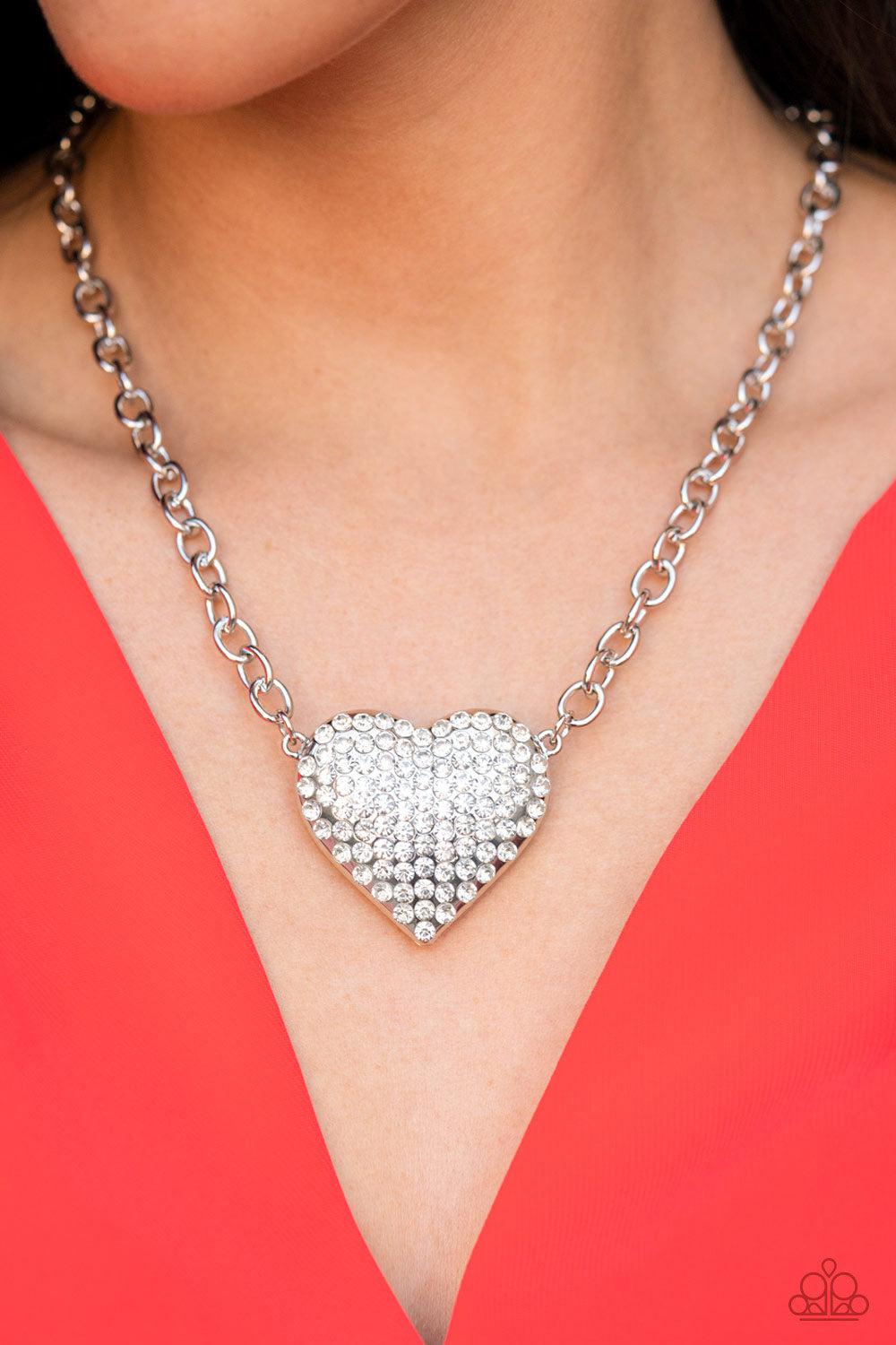 Heartbreakingly Blingy White Rhinestone Heart Necklace - Paparazzi Accessories- on model - CarasShop.com - $5 Jewelry by Cara Jewels
