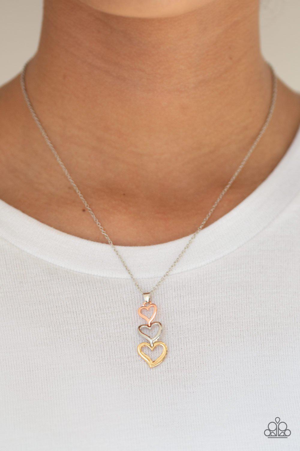 Hearts Aflutter Silver, Gold and Copper Heart Necklace - Paparazzi Accessories-CarasShop.com - $5 Jewelry by Cara Jewels