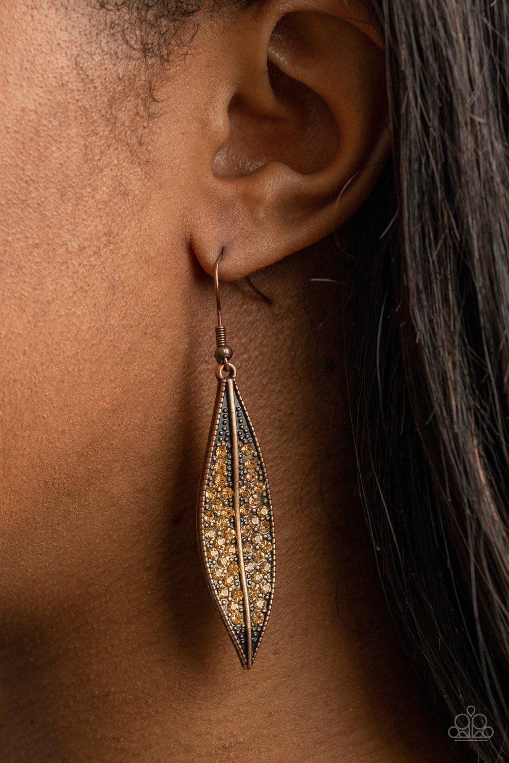Hearty Harvest Copper and Rhinestone Leaf Earrings - Paparazzi Accessories- model - CarasShop.com - $5 Jewelry by Cara Jewels