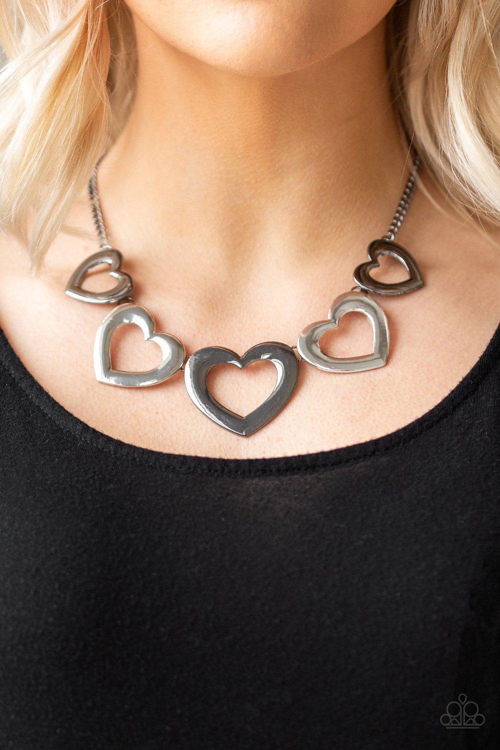 Hearty Hearts Multi - Gunmetal and Silver Heart Necklace - Paparazzi Accessories-CarasShop.com - $5 Jewelry by Cara Jewels