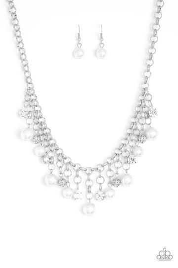Heir-Headed Silver and White Rhinestone and Pearl Necklace - Paparazzi Accessories-CarasShop.com - $5 Jewelry by Cara Jewels
