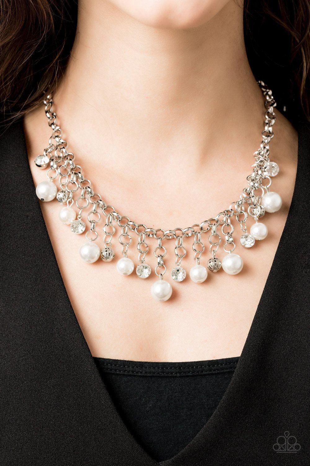 Heir-Headed Silver and White Rhinestone and Pearl Necklace - Paparazzi Accessories-CarasShop.com - $5 Jewelry by Cara Jewels