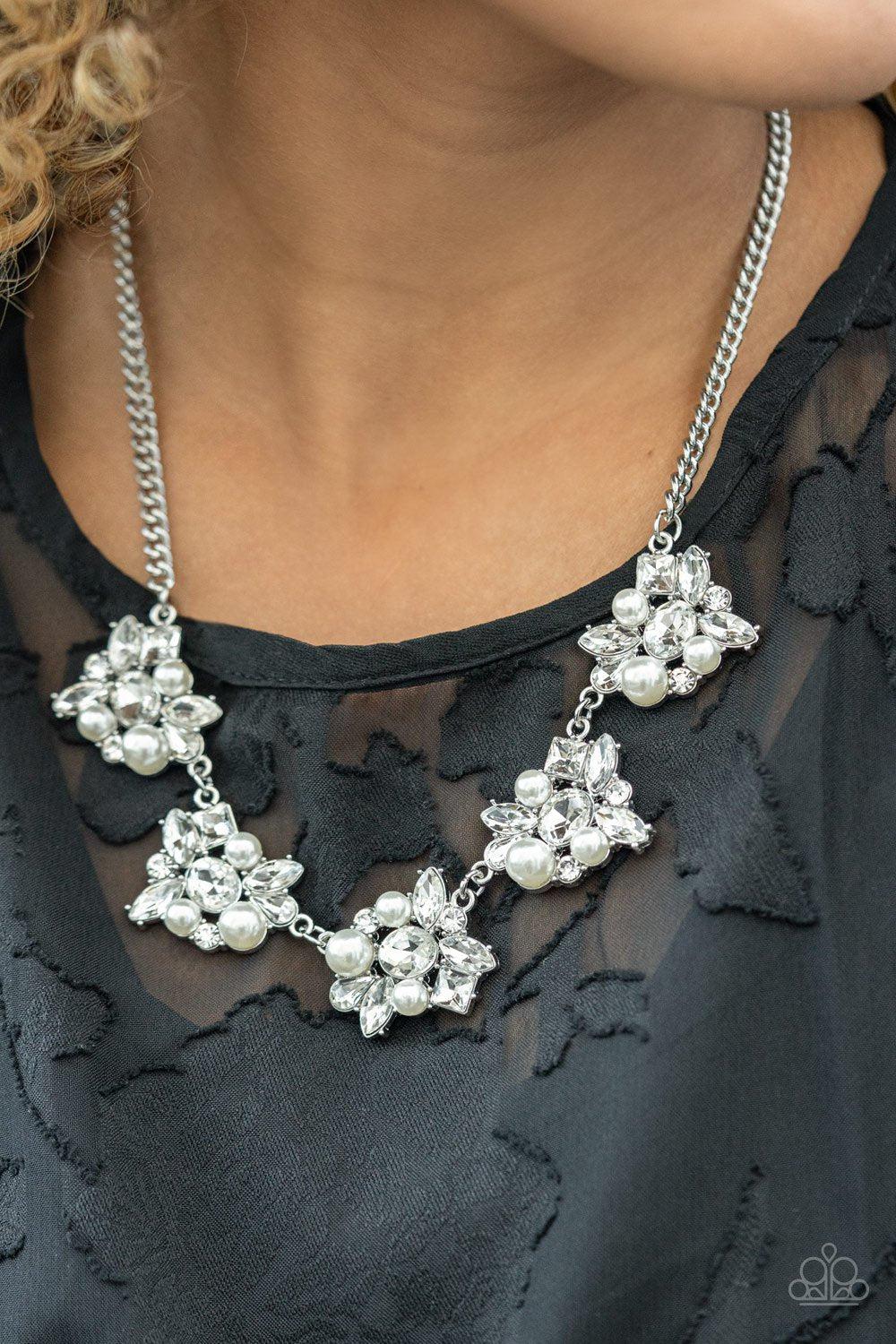 HEIRESS of Them All White Pearl and Rhinestone Necklace - Paparazzi Accessories 2021 EMP Exclusive - model -CarasShop.com - $5 Jewelry by Cara Jewels