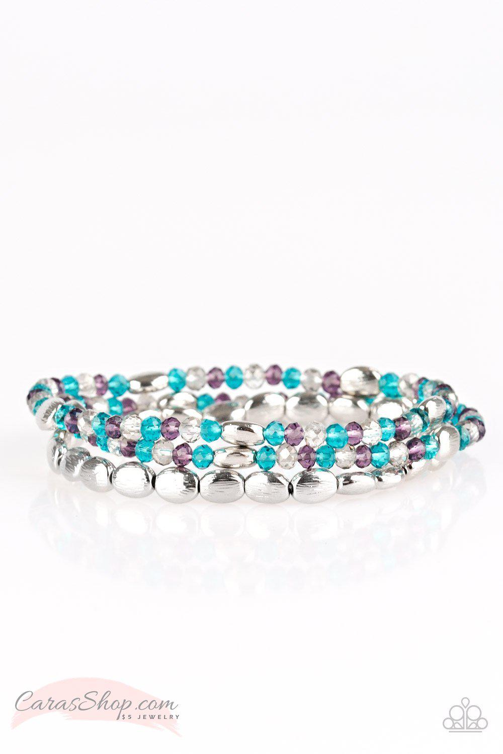 Hello Beautiful Multi Blue, White and Purple Stretch Bracelet Set - Paparazzi Accessories-CarasShop.com - $5 Jewelry by Cara Jewels